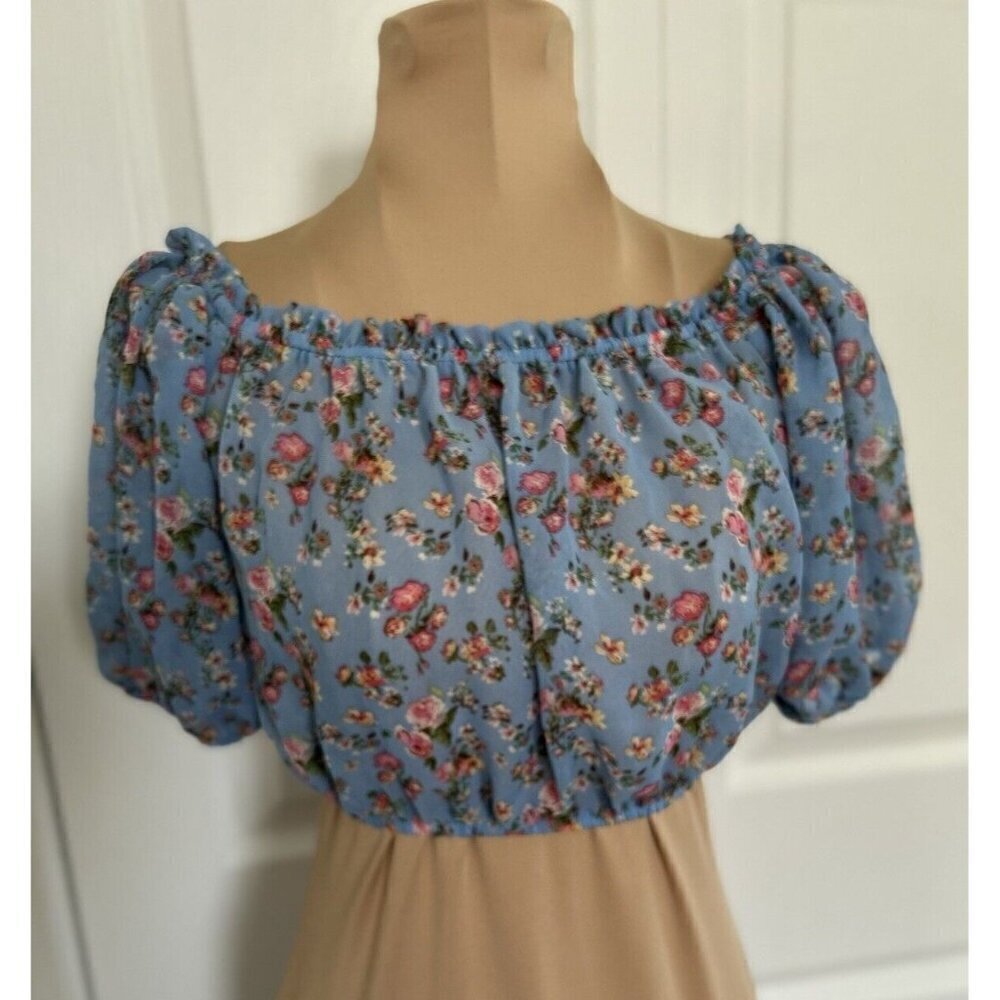 AVA + ESME  Short Puff Sleeve Blue/Pink Floral Chiffon On/Off Shoulder Crop Top